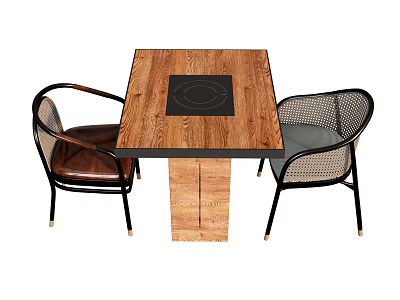 Contemporary Square Wooden Dining Table With Black Circular Panel And Rattan Backrest Metal Leg Chairs 3d model
