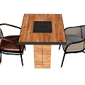 Contemporary Square Wooden Dining Table With Black Circular Panel And Rattan Backrest Metal Leg Chairs