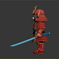 Cartoon Samurai Figurine In Red Armor With Golden Accents And Yellow Helmet Holding Sword