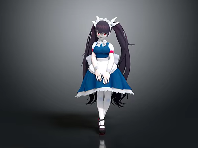 Anime Girl Character With Twin Tails In Blue And White Maid Outfit And Red Shoes 3d model