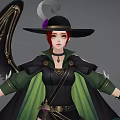 Witch Woman In Green And Black Robe With Black Wings Hat And Broomstick