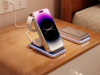 Modern Smartphone Charging Stand With Smartwatch Holder And LED Wireless Charger 3d model