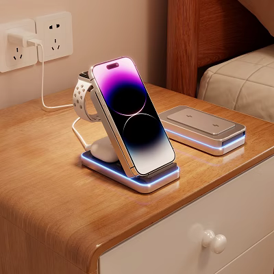 Modern Smartphone Charging Stand With Smartwatch Holder And LED Wireless Charger 3d model