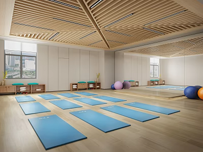 Spacious Fitness Studio With Wooden Floor Mirrors Blue Yoga Mats And Colorful Exercise Balls 3d model