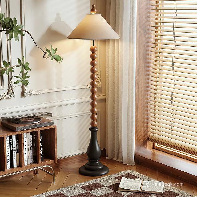 Warm Indoor Floor Lamp With Wooden Pole Beige Shade Near Bookshelf Record And Blinds 3d model 