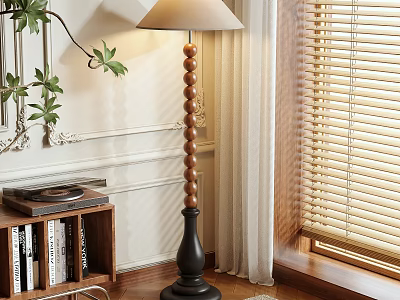 Warm Indoor Floor Lamp With Wooden Pole Beige Shade Near Bookshelf Record And Blinds 3d model