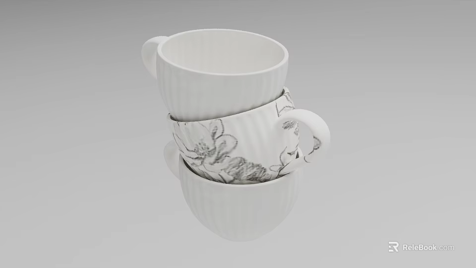 White Kitchen Cabinets Displaying Stacked Cups With Black Floral Patterns 3d model 