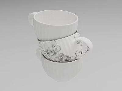 White Kitchen Cabinets Displaying Stacked Cups With Black Floral Patterns 3d model