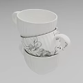 White Kitchen Cabinets Displaying Stacked Cups With Black Floral Patterns 3d model
