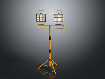 Industrial Lighting Combination With Two Lantern Style Lights On Yellow Tripod Stand 3d model