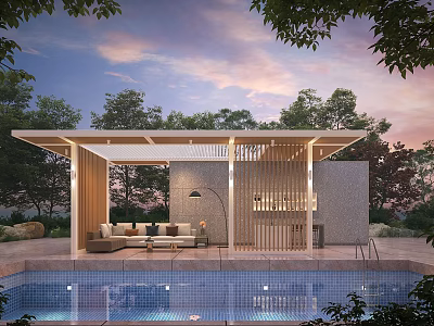 Relaxing Courtyard Garden With Swimming Pool Covered Seating And Natural Trees 3d model