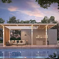 Relaxing Courtyard Garden With Swimming Pool Covered Seating And Natural Trees