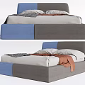 Modern Double Bed With Blue And Gray Color Block Design And Soft Pillows