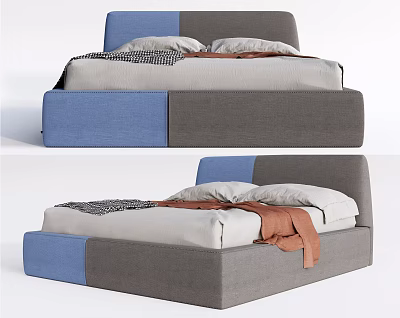 Modern Double Bed With Blue And Gray Color Block Design And Soft Pillows 3d model