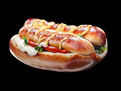 Delicious Two Juicy Hot Dogs in Toasted Buns with Mustard Ketchup and Fresh Vegetables 3d model