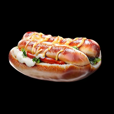 Delicious Two Juicy Hot Dogs in Toasted Buns with Mustard Ketchup and Fresh Vegetables 3d model