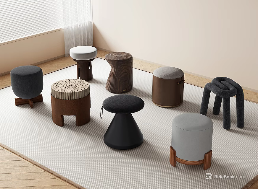 Various Modern Design Stools In Different Materials On Carpet With Natural Light 3d model