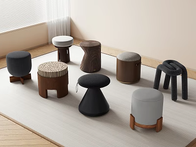 Various Modern Design Stools In Different Materials On Carpet With Natural Light 3d model