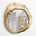 Golden Irregular Shaped Mirror Reflecting Modern Room Interior With Chandelier And Cabinet