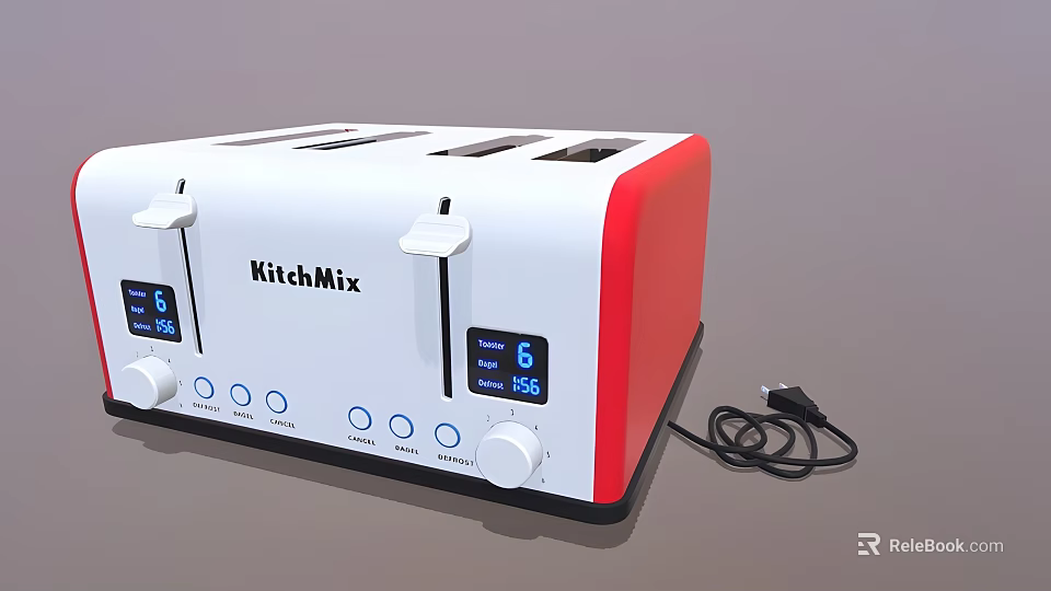 Modern KitchMix Toaster White Red Design With Digital Display And Control Knobs 3d model 