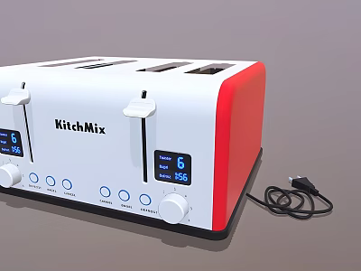 Modern KitchMix Toaster White Red Design With Digital Display And Control Knobs 3d model