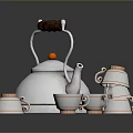 Stylish Silver Kettle With Wooden Handle And Ceramic Teacups Set 3d model