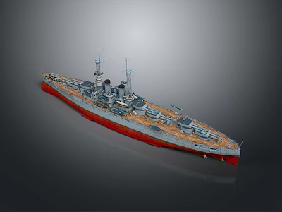 Detailed Warship Model With Gray Hull Red Bottom Deck Turrets And Masts 3d model