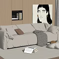Beige Large Sectional Sofa with Throw Pillows Gray Blanket Books on Rug and Wooden Cabinets