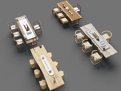 Modern Wooden Furniture Set With Tables Chairs And Stools For Home Use 3d model