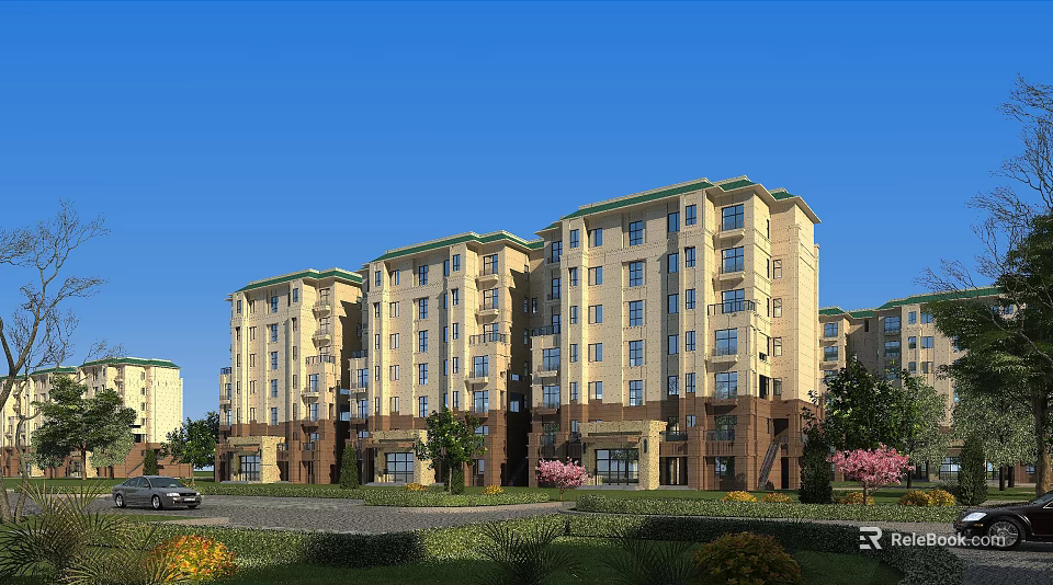 Modern Residential Building Exterior With Beige Brown Color Green Roof And Surrounding Greenery 3d model 