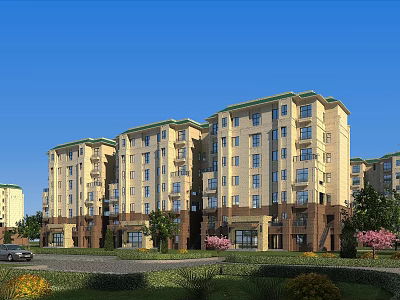 Modern Residential Building Exterior With Beige Brown Color Green Roof And Surrounding Greenery 3d model