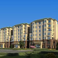 Modern Residential Building Exterior With Beige Brown Color Green Roof And Surrounding Greenery