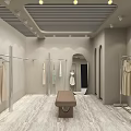Neutral Gray Clothing Store Interior With Arched Doors Bench And Wooden Slats Ceiling