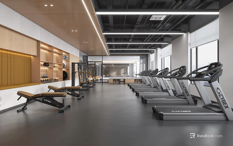 Modern Fitness Gym Interior With Treadmills Exercise Equipment Wooden Decor And Spacious Open Layout 3d model 