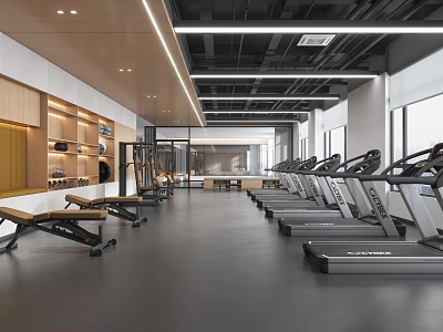 Modern Fitness Gym Interior With Treadmills Exercise Equipment Wooden Decor And Spacious Open Layout 3d model