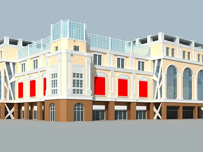 Multi story Building Exterior Featuring Yellow White Facade Red Panels Arched Windows And Balconies 3d model