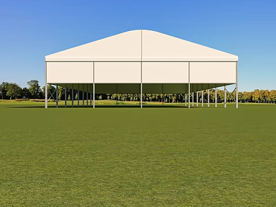 Large White Tented Industrial Warehouse on Green Grass Field with Trees and Blue Sky 3d model
