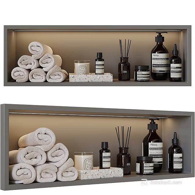 Stylish Bathroom Accessories With Rolled Towels Reed Diffusers Candles And Bottles On Shelf 3d model 