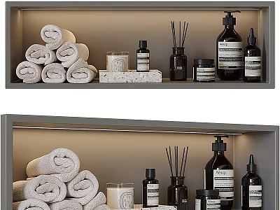 Stylish Bathroom Accessories With Rolled Towels Reed Diffusers Candles And Bottles On Shelf 3d model