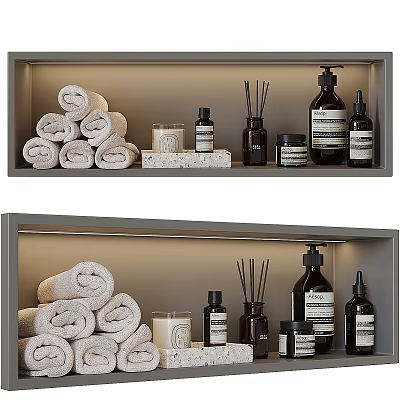 Stylish Bathroom Accessories With Rolled Towels Reed Diffusers Candles And Bottles On Shelf 3d model