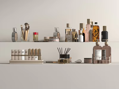 Stylish Perfume Cosmetics Display On Shelf With Various Bottles Makeup Brushes And Scented Products 3d model