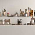 Stylish Perfume Cosmetics Display On Shelf With Various Bottles Makeup Brushes And Scented Products