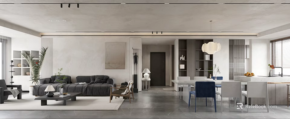 Modern Living Dining Room Interior With Gray Sofa Dining Table And Pendant Light Wall Art 3d model