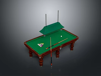 Classic Green Felt Billiard Table With Wooden Legs Lamp Shade Cue Stick And Balls 3d model