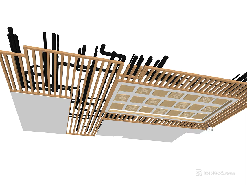 Modern Ceiling Design With Wooden Slats Grid Pattern And Recessed Lighting 3d model