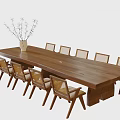 Natural Style Long Wooden Tea Table And Rattan Back Chairs With Vase Dried Branches