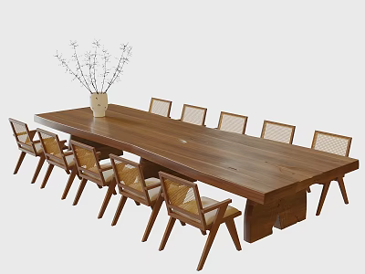 Natural Style Long Wooden Tea Table And Rattan Back Chairs With Vase Dried Branches 3d model