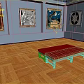 Art Gallery Interior With Framed Artworks On Blue Walls Wooden Parquet Floor And Red Bench