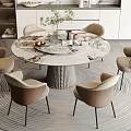 Modern Round Marble Dining Table Set With Six Beige Chairs And Decorative Plants 3d model