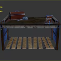 Red Toolbox Hammer And Red Device On Dark Worn Workbench With Wooden Slat Shelf